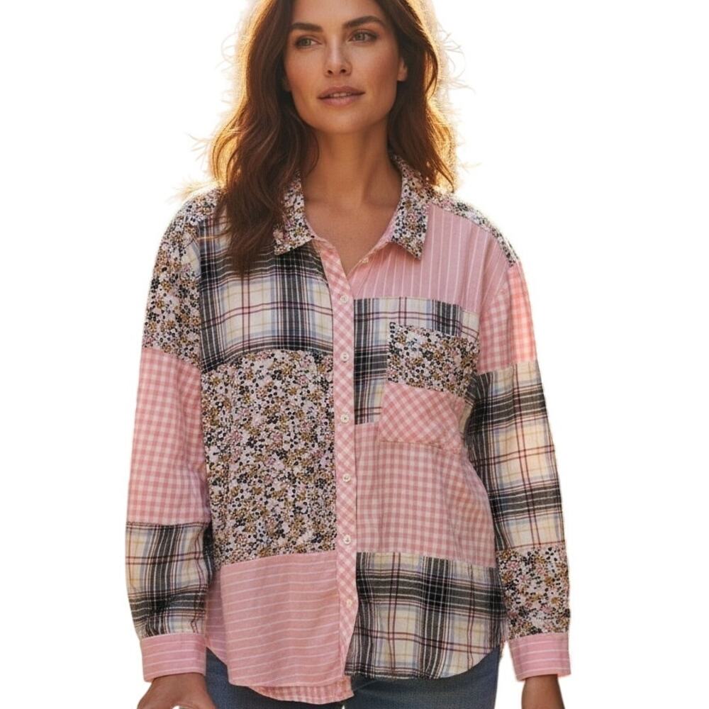 Style & Co Cotton Patchwork Boyfriend Shirt Womens XL Pink Gingham Floral Cotton